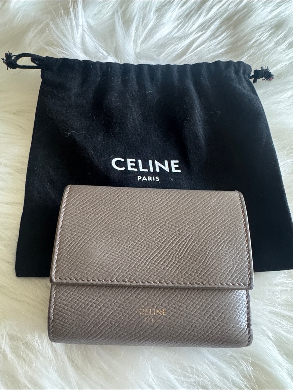 Celine Small Textured Leather Wallet in Taupe Gray with Gold Logo